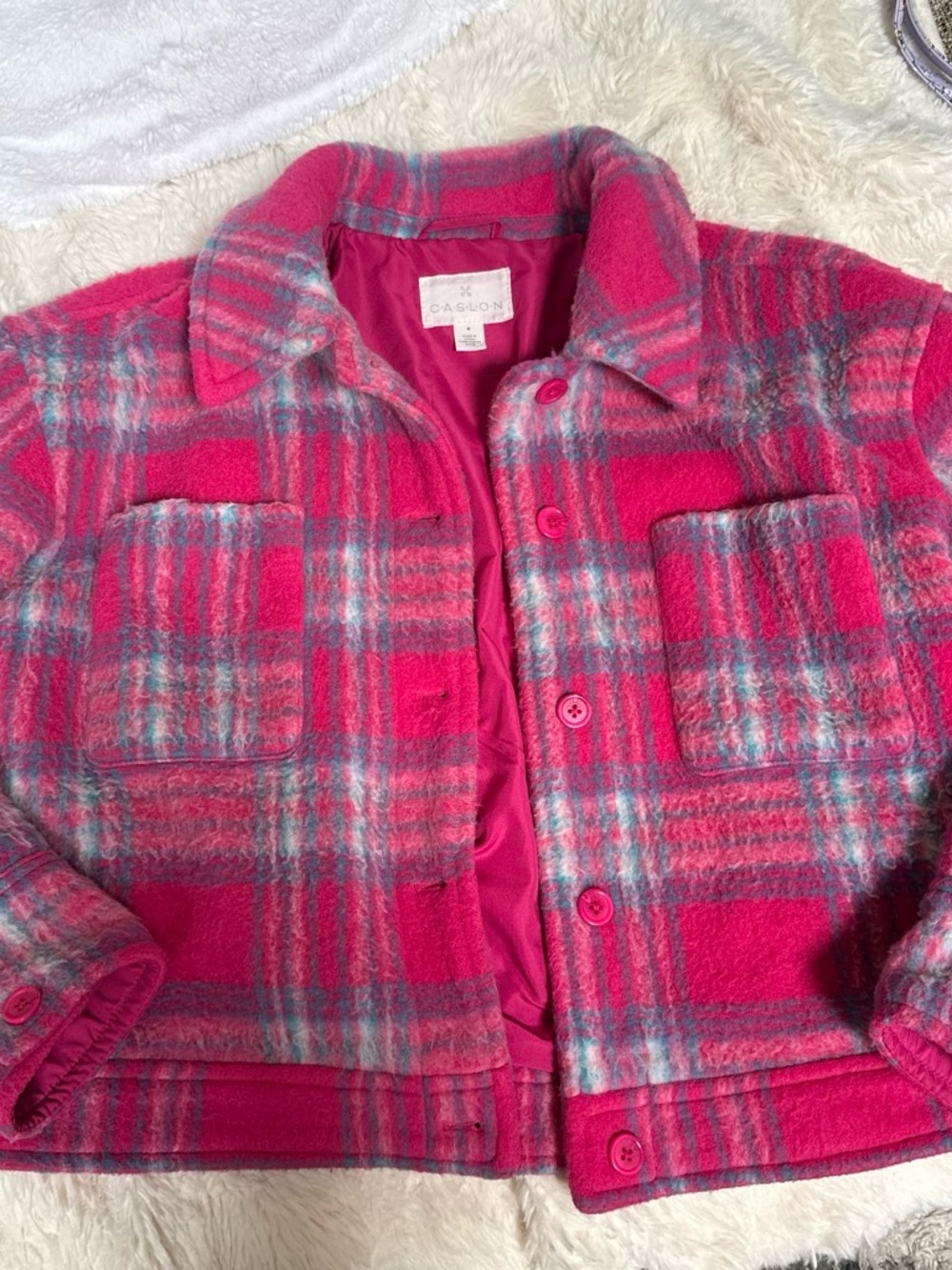 Caslon Hot Pink Plaid Shacket with Teal Accents